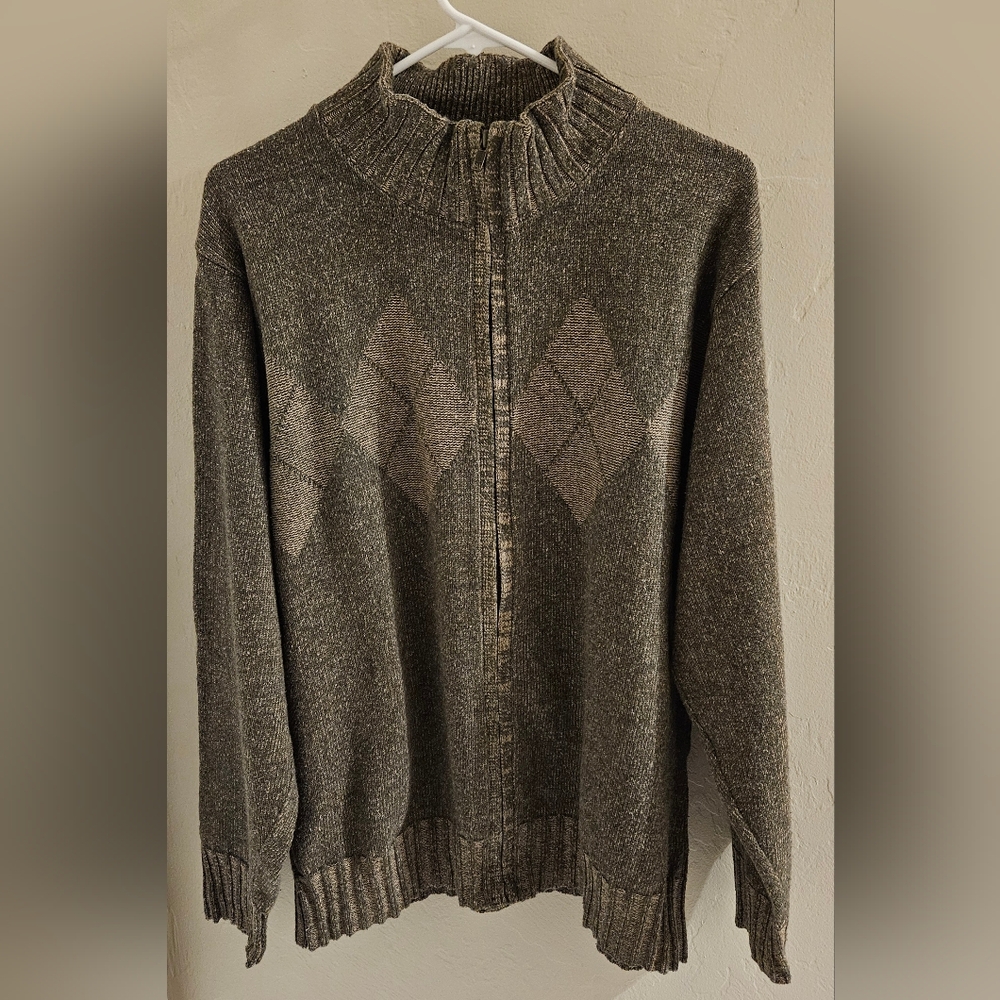 Vintage Bill Blass Full Zip Brown Sweater Diamond Pattern Men's Grandpacore